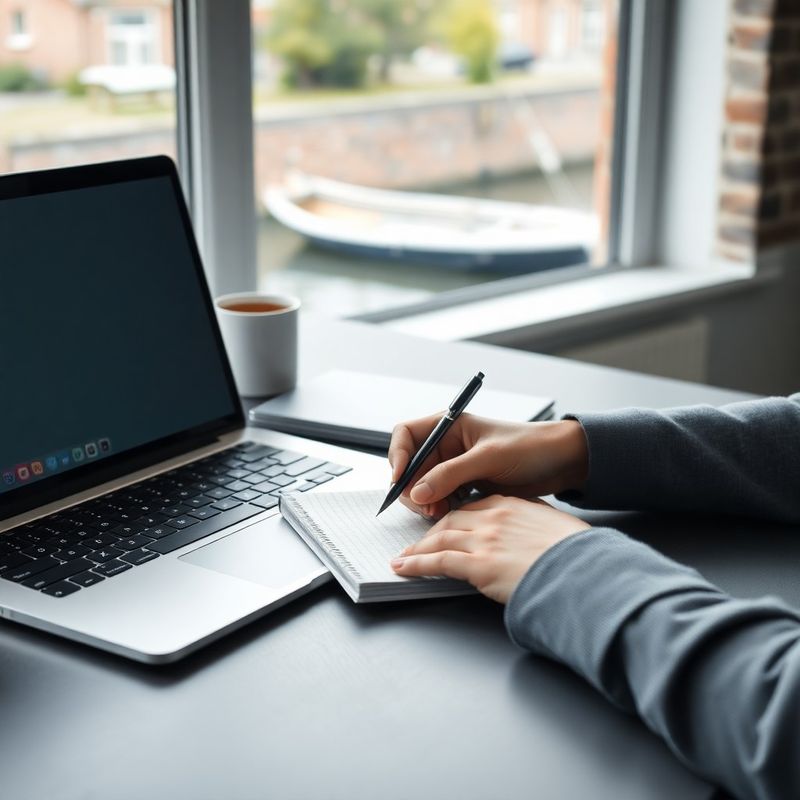 Hand schrijft op notitieblok naast een laptop op een slate-grijs bureau