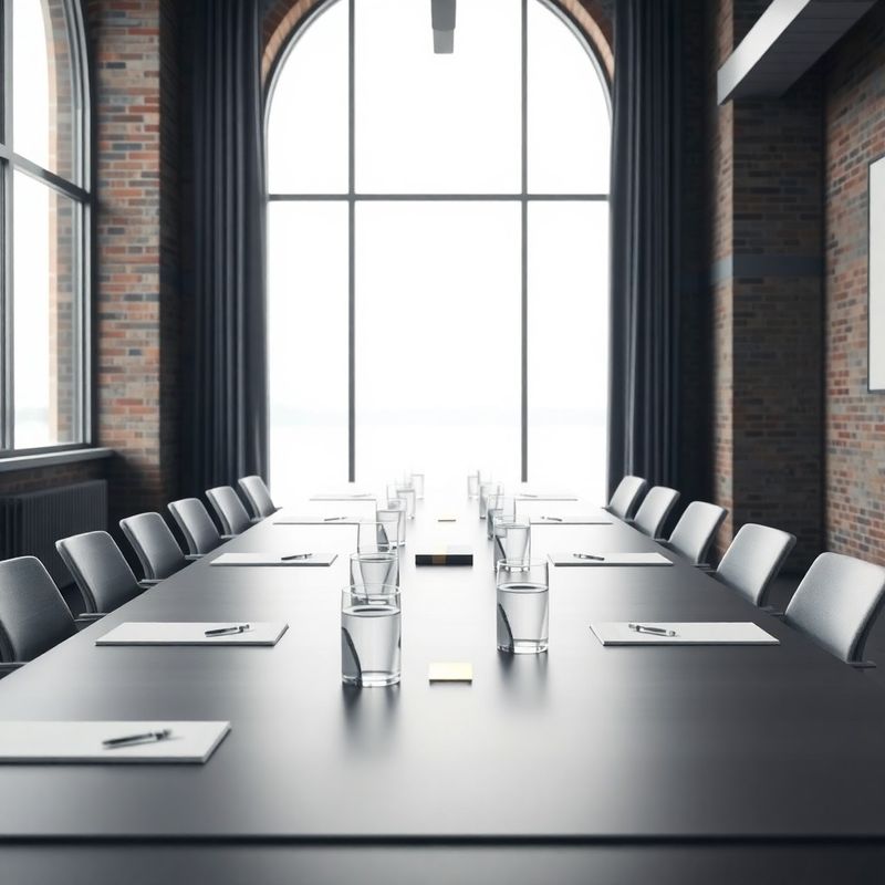 Rustige, opgeruimde vergaderruimte met slate-grijze tafel en zacht daglicht