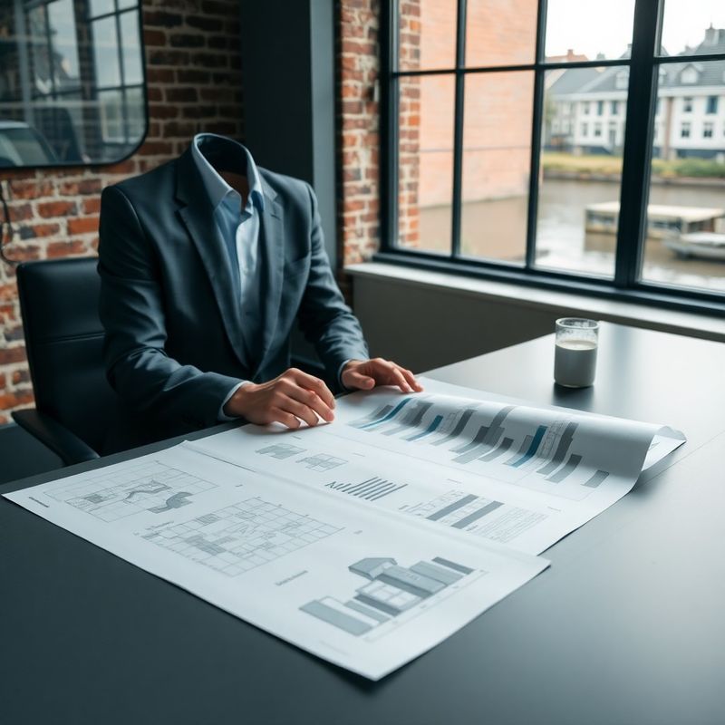 Adviseur bekijkt gedrukte grafieken en diagrammen op een slate-toned bureau
