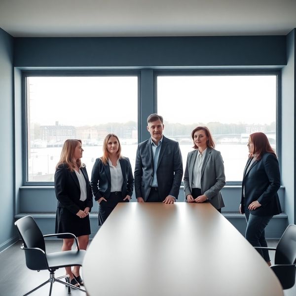 Groepsportret van vier professionals in overleg in een modern slate-blauw kantoor